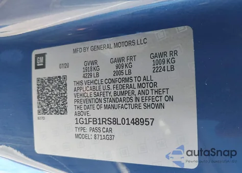 2020 Chevrolet Camaro Rwd 1Lt z USA, uszkodzony, nr VIN 1G1FB1RS8L0148957